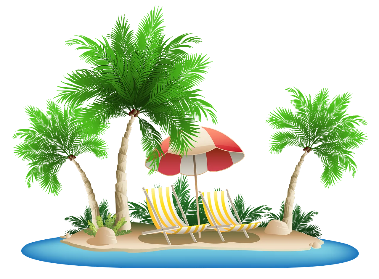 Tropical Paradise Island Clipart with Palm Trees and Red Umbrella