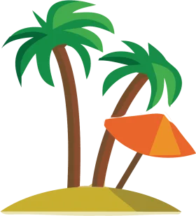 Tropical Paradise Island Clipart with Swaying Palms and Beach Umbrella