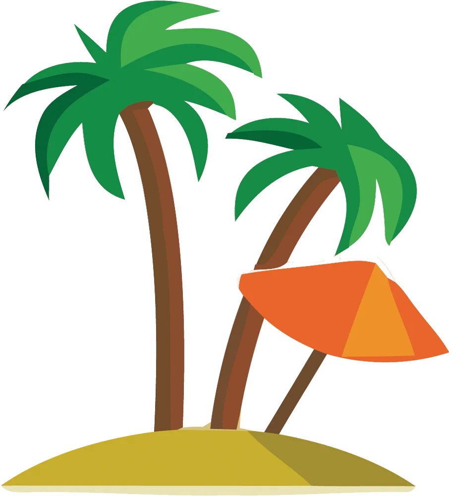 Tropical Paradise Island Clipart with Swaying Palms and Beach Umbrella