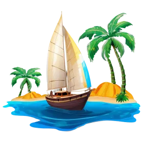 Tropical Paradise Sailboat Adventure: Serene Island Clipart Landscape with Palm Trees
