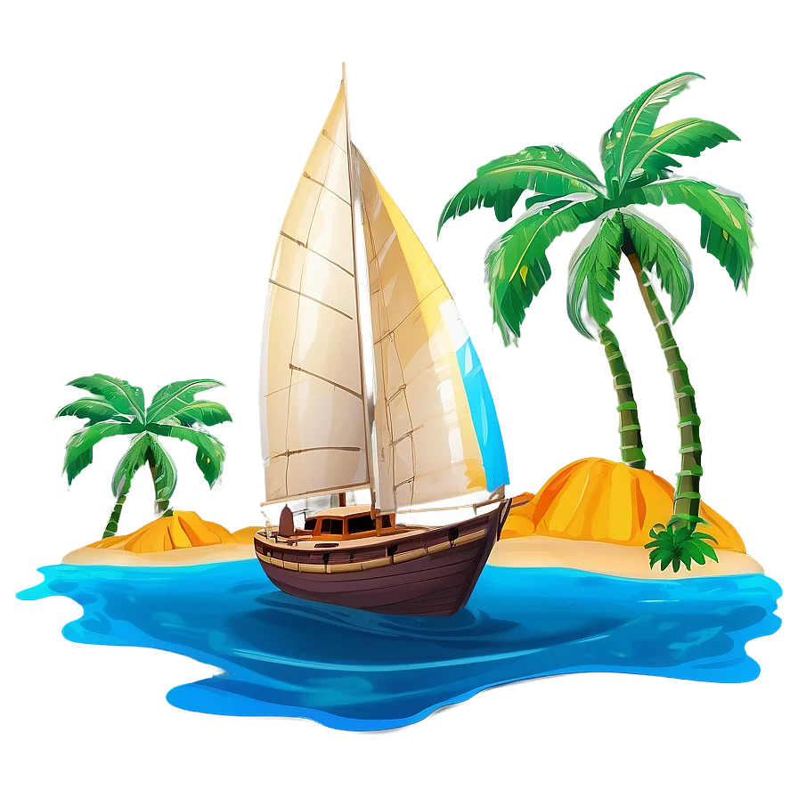 Tropical Paradise Sailboat Adventure: Serene Island Clipart Landscape with Palm Trees