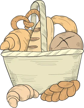 Vintage Artisan Bread Basket Clipart: Rustic Bakery Illustration with Fresh Pastries