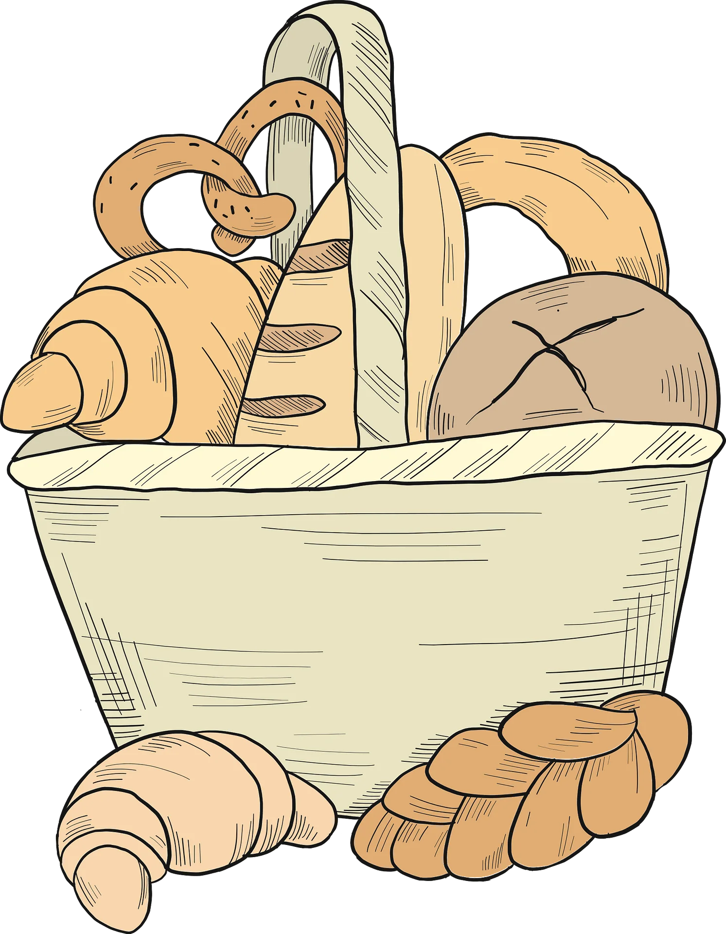 Vintage Artisan Bread Basket Clipart: Rustic Bakery Illustration with Fresh Pastries