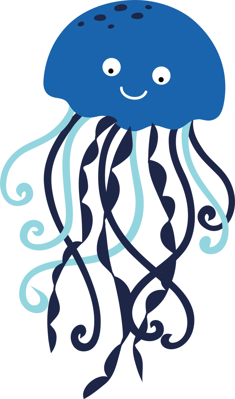 Adorable Blue Cartoon Jellyfish Clipart with Playful Expression and Curly Tentacles
