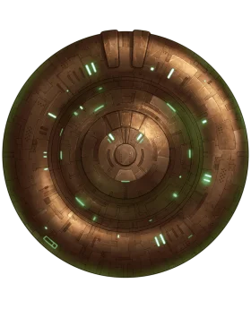 Ancient Extraterrestrial Bronze Circular Spaceship Clipart Design with Glowing Elements