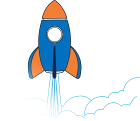Blue and Orange Cartoon Rocket Spaceship Launching into Sky Clipart Illustration