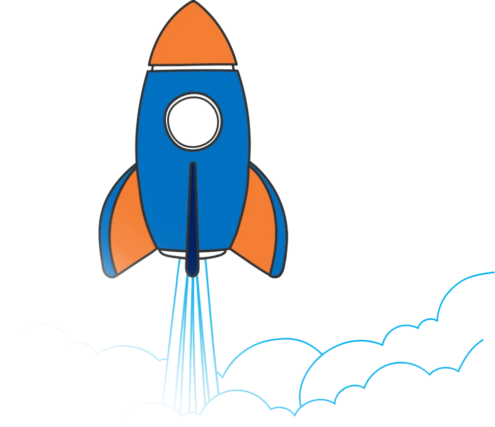 Blue and Orange Cartoon Rocket Spaceship Launching into Sky Clipart Illustration