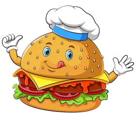 Cheerful Burger Chef Mascot Cartoon Clipart with Playful Culinary Personality
