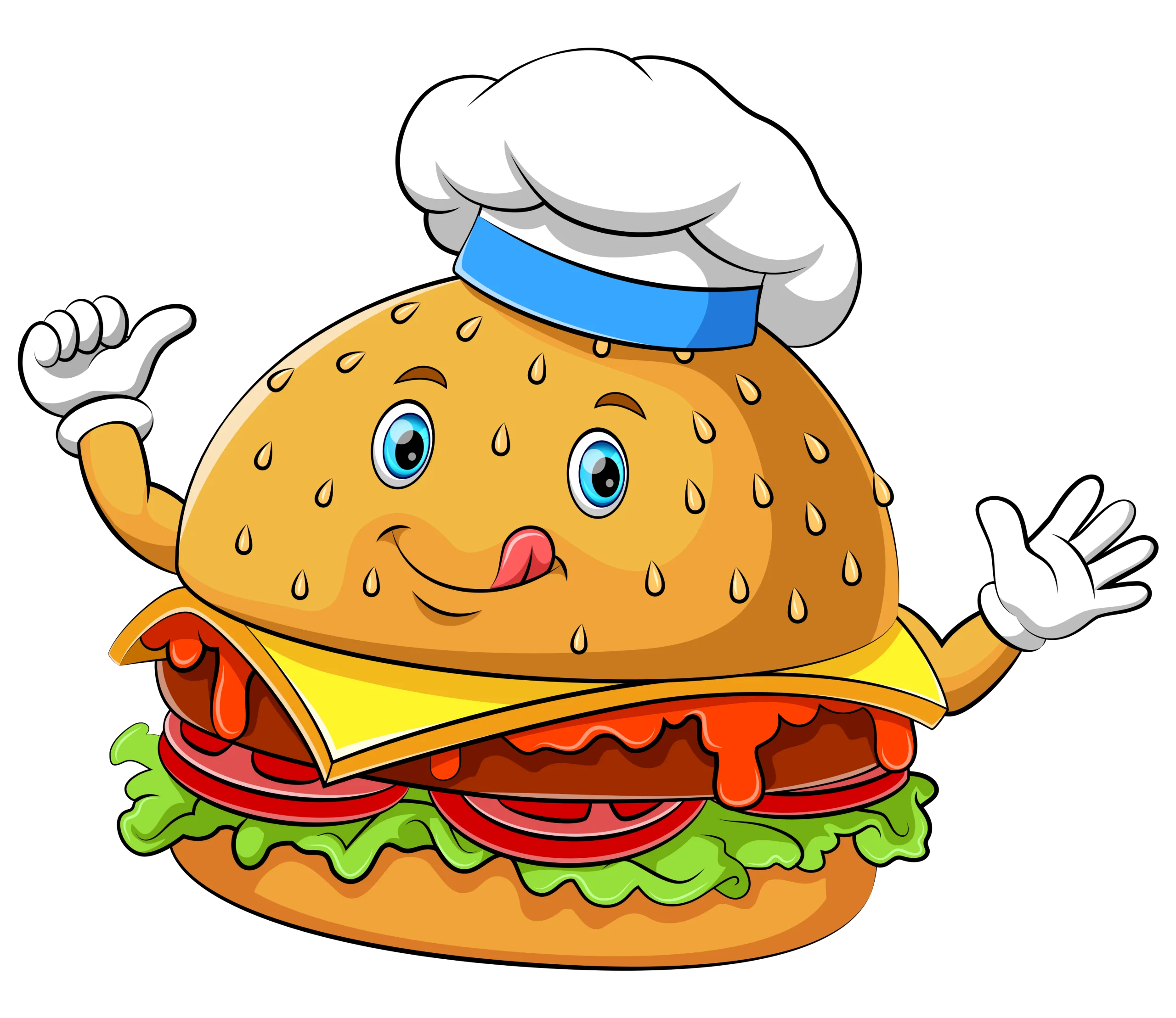 Cheerful Burger Chef Mascot Cartoon Clipart with Playful Culinary Personality