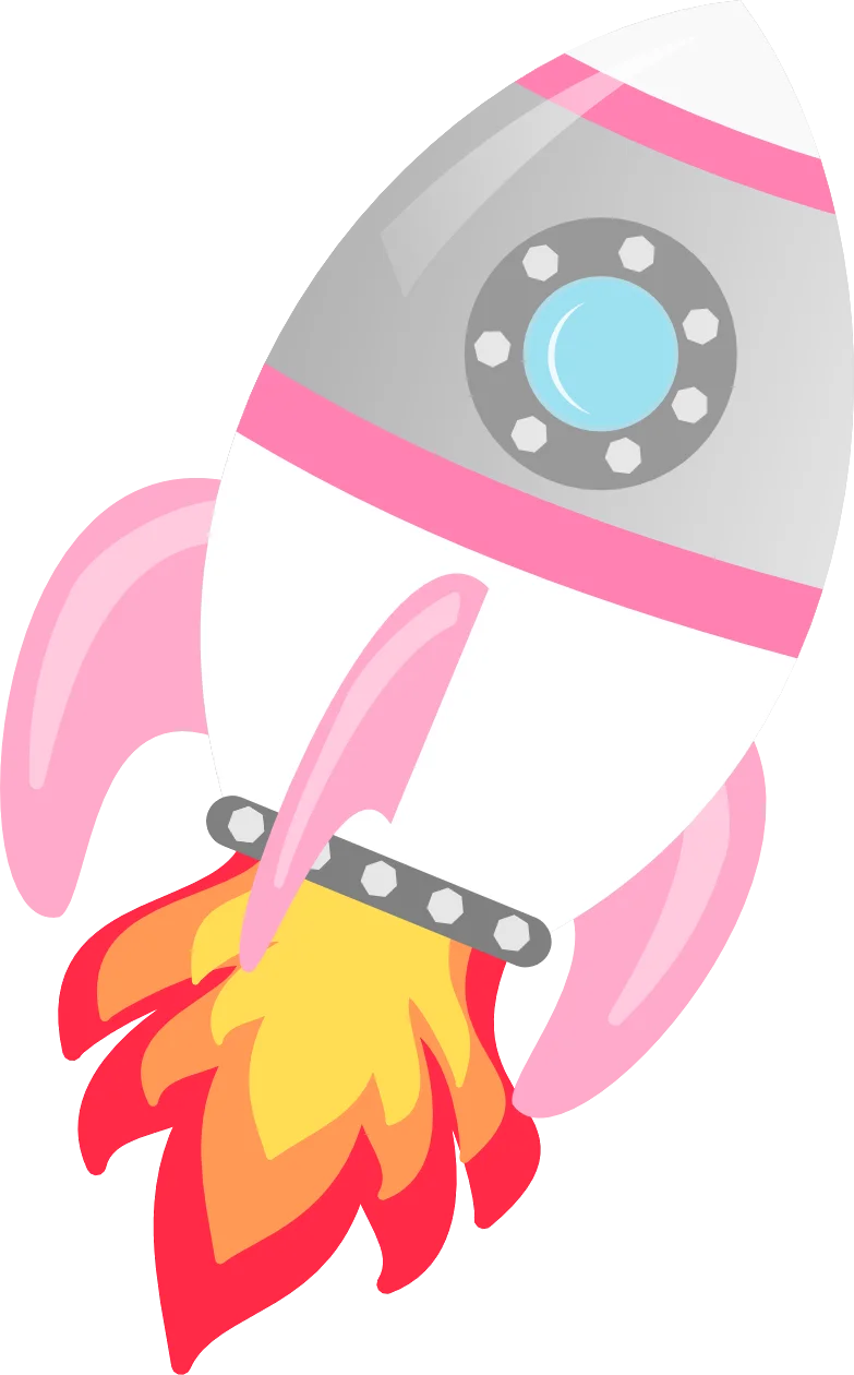 Cute Pink and Gray Space Rocket Clipart with Colorful Flame Thruster