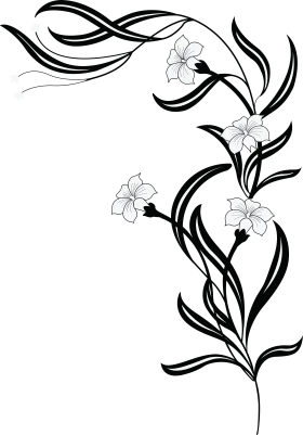 Elegant Black and White Floral Clipart with Graceful Swirling Stems and Delicate Blossoms