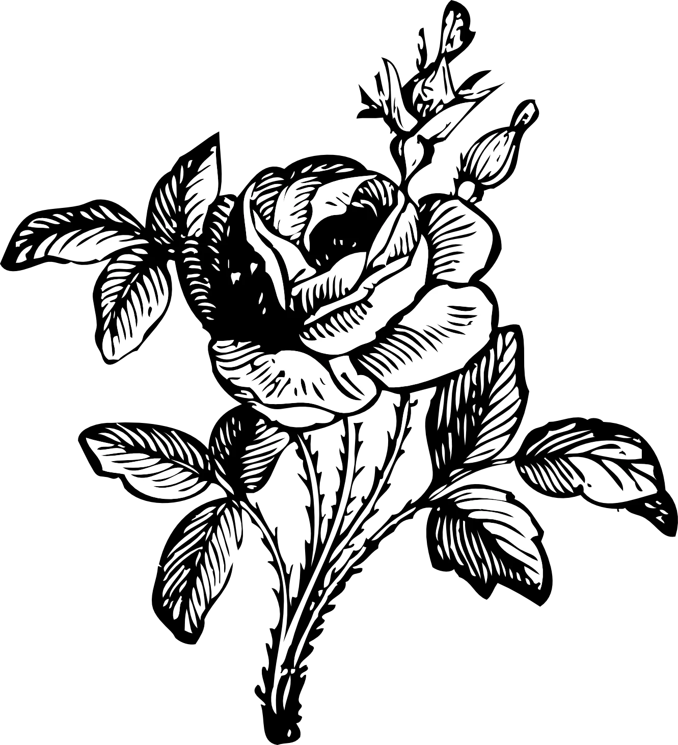 Elegant Black and White Rose Botanical Clipart with Intricate Leaf Details