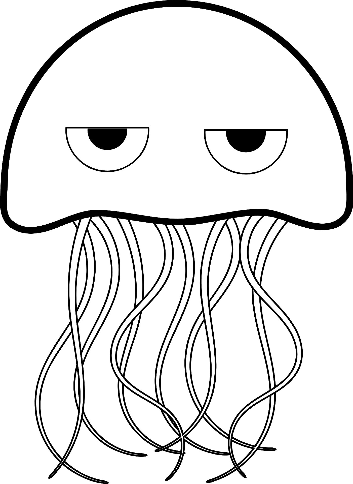 Minimalist Sleepy-Eyed Jellyfish Clipart with Wavy Tentacle Design