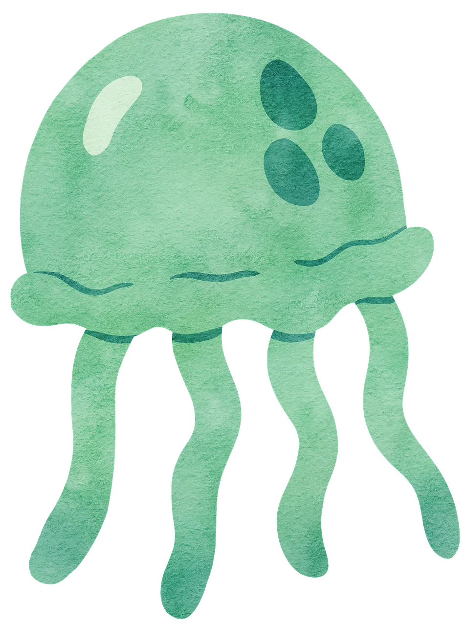 Whimsical Green Jellyfish Clipart with Soft Watercolor Texture and Playful Design