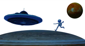 Whimsical Space Encounter: Sci-Fi Clipart Illustration of UFO and Running Stick Figure