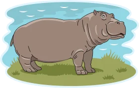 Charming Hippopotamus Standing Gracefully on Grassy Riverbank Clipart Illustration