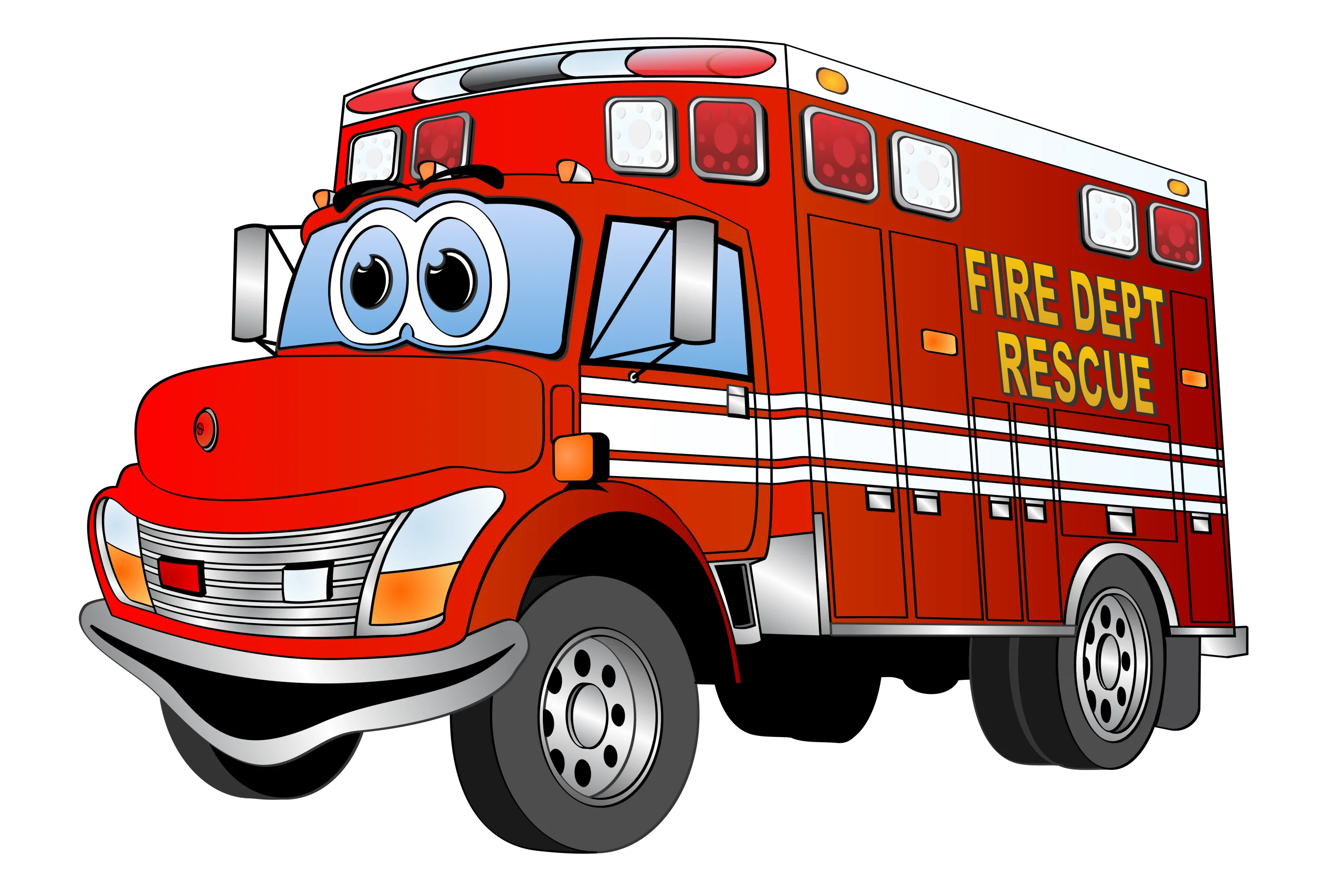 Cheerful Cartoon Fire Department Rescue Truck Clipart with Expressive Eyes