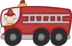 Cheerful Cartoon Fire Truck Clipart with Smiling Firefighter Character