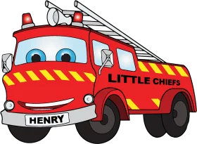 Cheerful Little Chiefs Cartoon Fire Truck Clipart with Friendly Face and Ladder