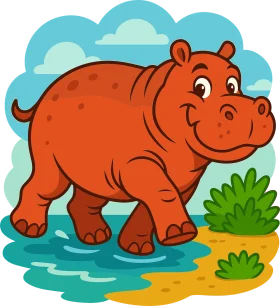 Cheerful Orange Hippopotamus Cartoon Clipart: Riverside Adventure