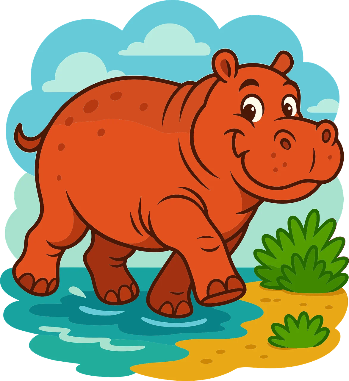 Cheerful Orange Hippopotamus Cartoon Clipart: Riverside Adventure