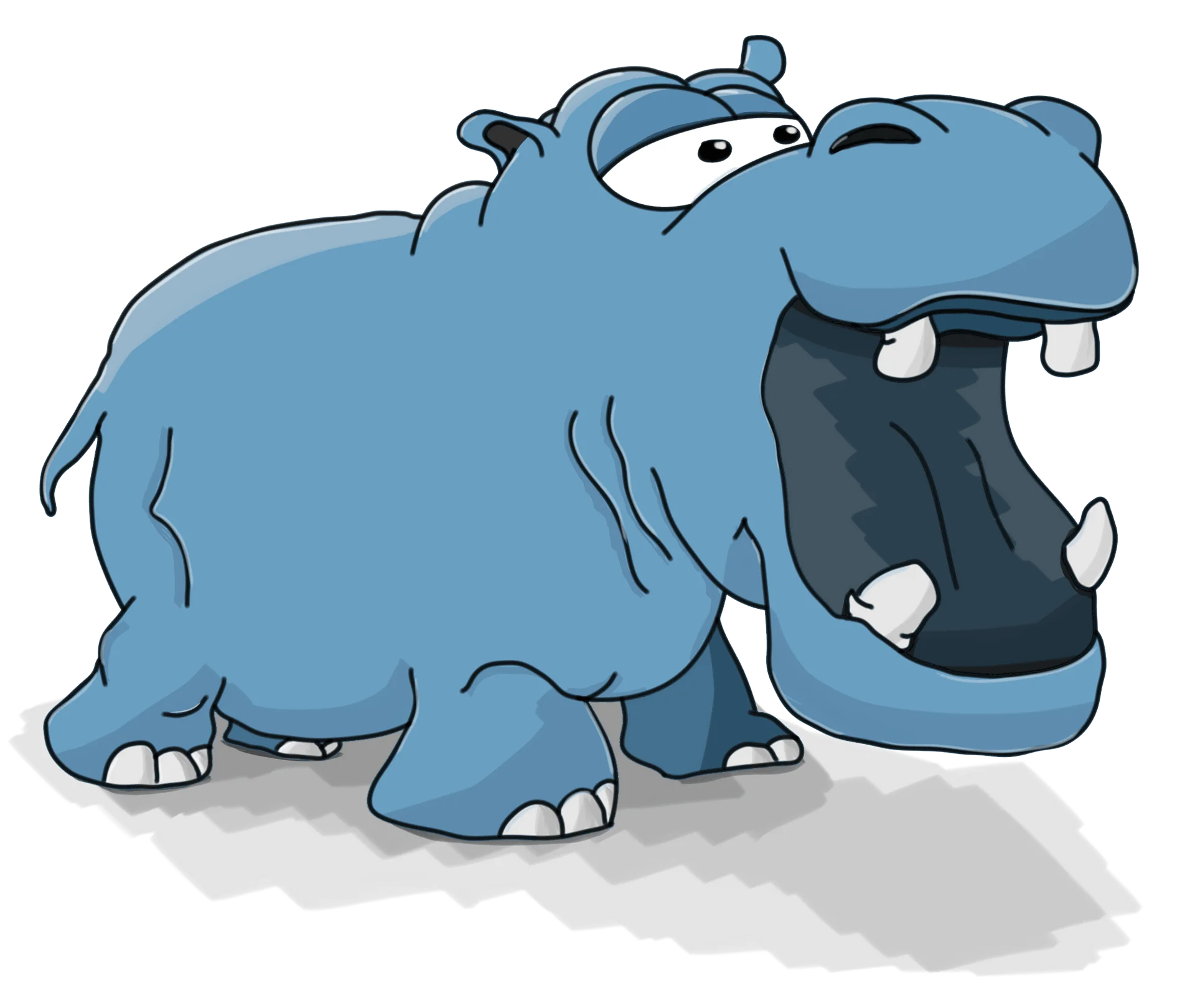 Comical Blue Cartoon Hippo Clipart with Exaggerated Gaping Mouth Expression