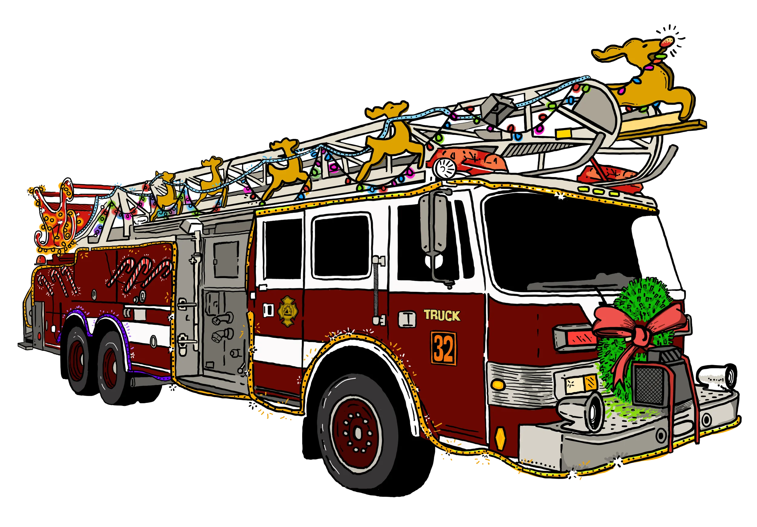 Detailed Fire Engine Emergency Vehicle Clipart with Ladder and Classic Design