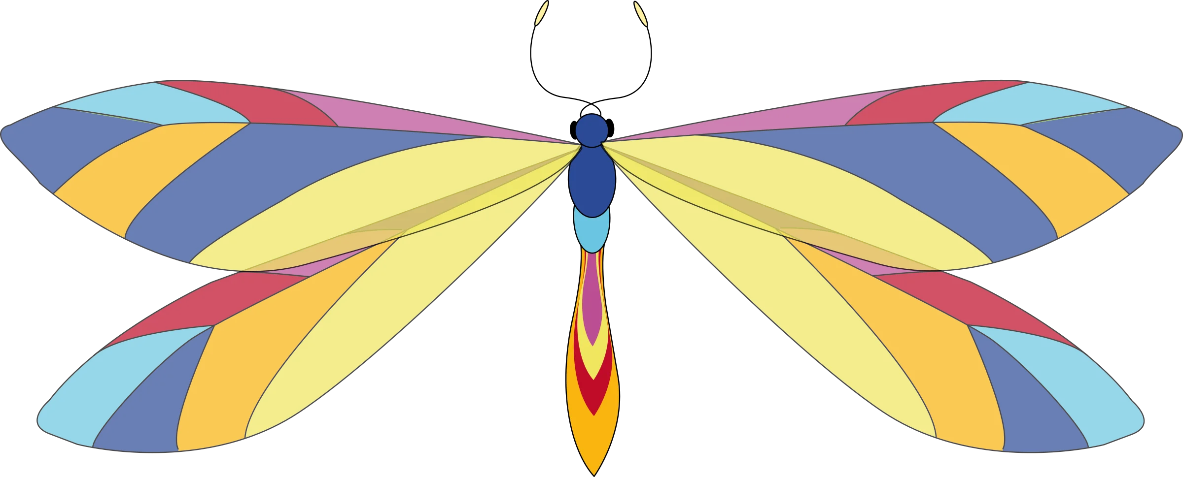 Symmetrical Geometric Dragonfly Clipart with Radiant Color Spectrum Wings