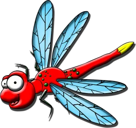 Whimsical Red and Blue Dragonfly Cartoon Clipart with Playful Expression