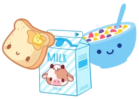 Adorable Kawaii Breakfast Clipart with Cute Smiley Milk Carton, Toast, and Cereal Bowl