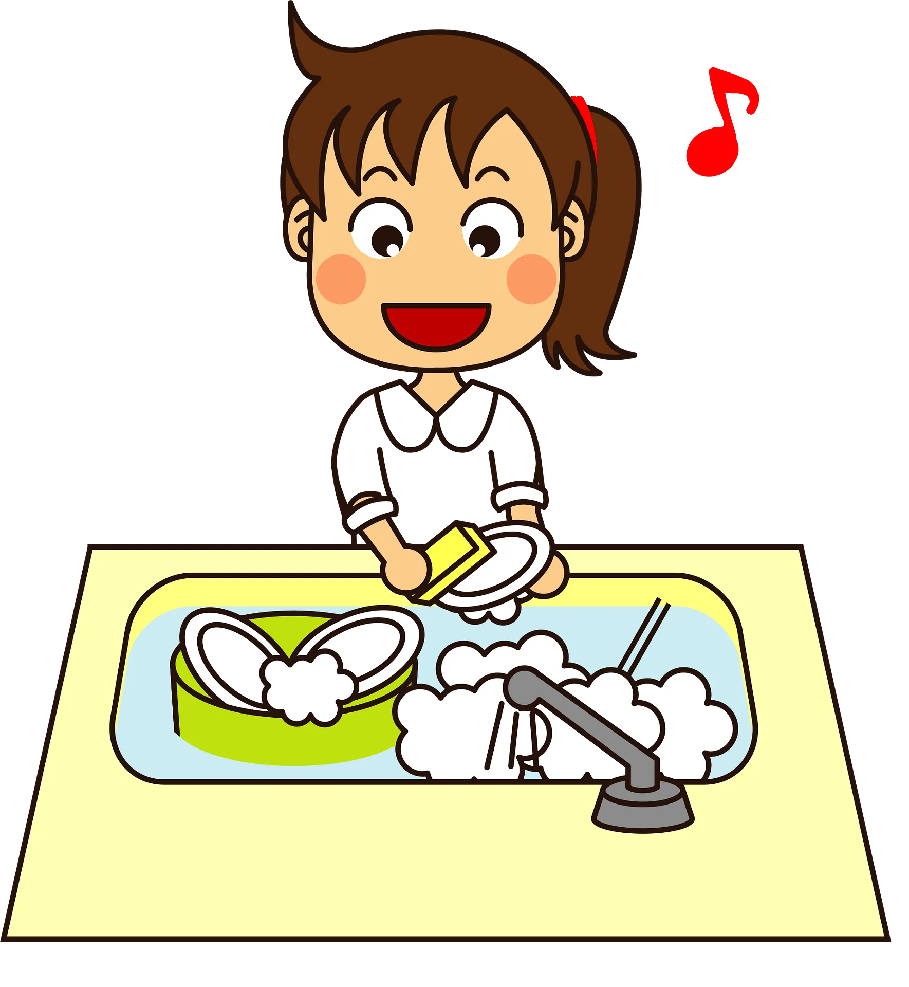 Cheerful Cartoon Character Enjoying Dish Cleaning Clipart with Musical Note