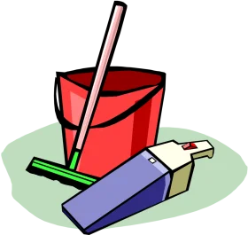 Cheerful Cleaning Supplies Clipart: Bucket, Mop, and Dustpan Set for Tidy Spaces