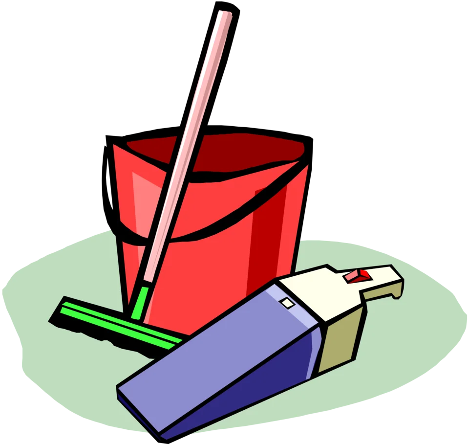 Cheerful Cleaning Supplies Clipart: Bucket, Mop, and Dustpan Set for Tidy Spaces