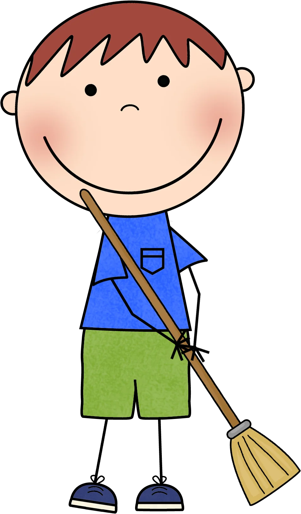 Cheerful Young Boy Sweeping with Broom Cartoon Clipart Illustration