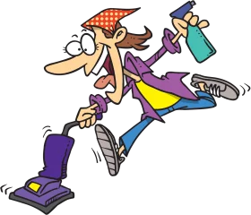 Energetic Cartoon Cleaning Lady Multitasking with Vacuum and Spray Bottle Clipart