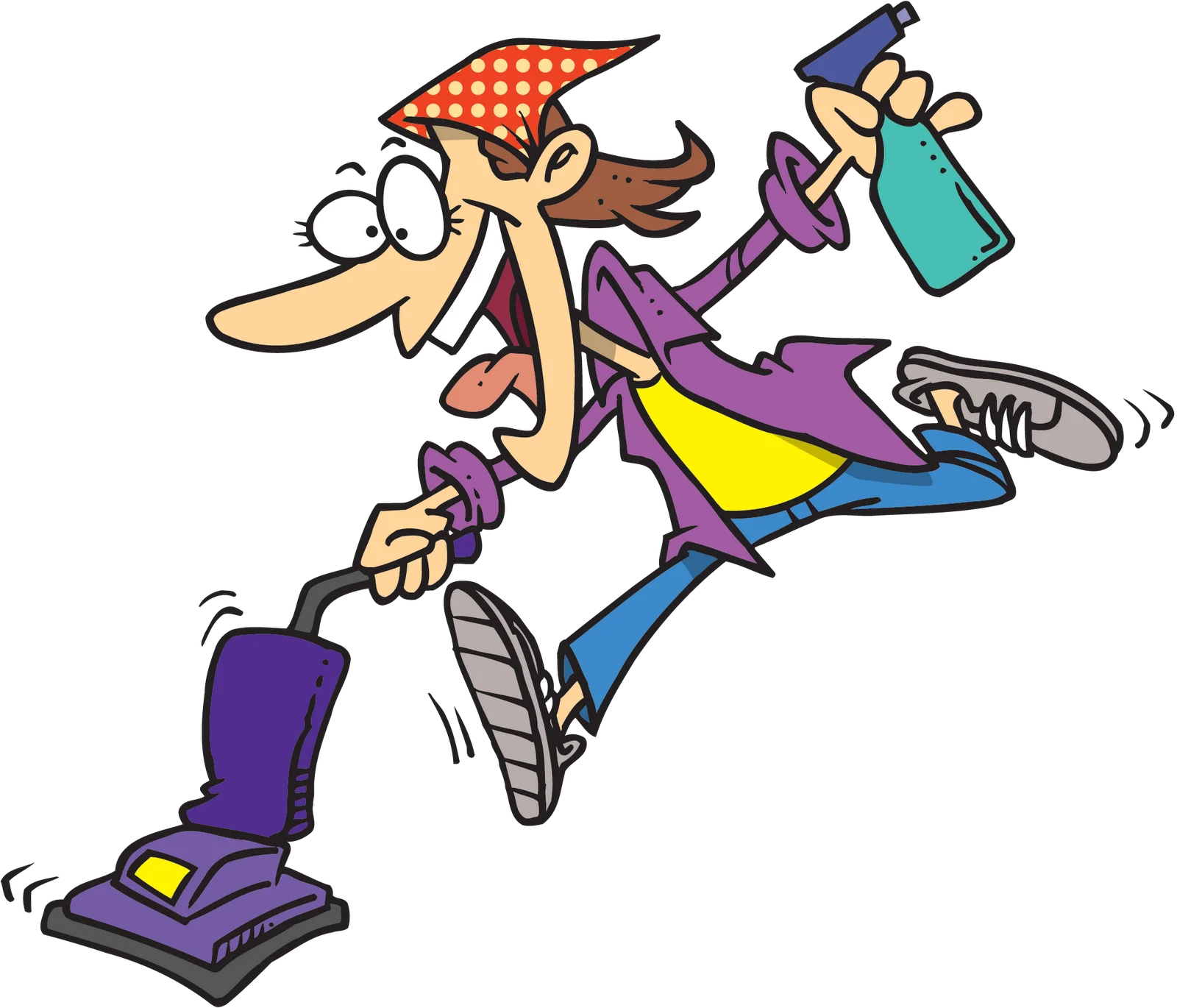 Energetic Cartoon Cleaning Lady Multitasking with Vacuum and Spray Bottle Clipart