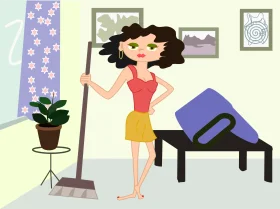 Home Cleaning Clipart: A Cheerful Woman Tidying Up Her Living Space