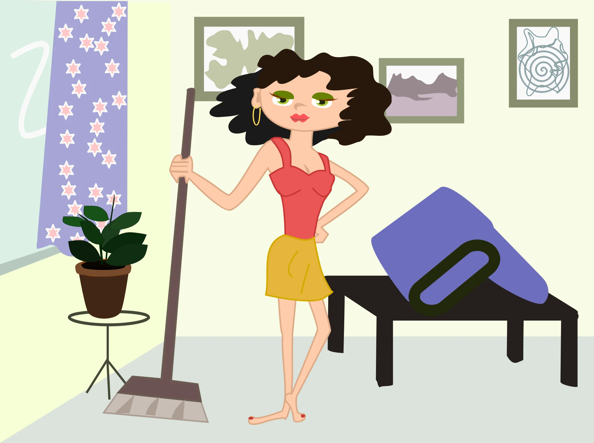 Home Cleaning Clipart: A Cheerful Woman Tidying Up Her Living Space