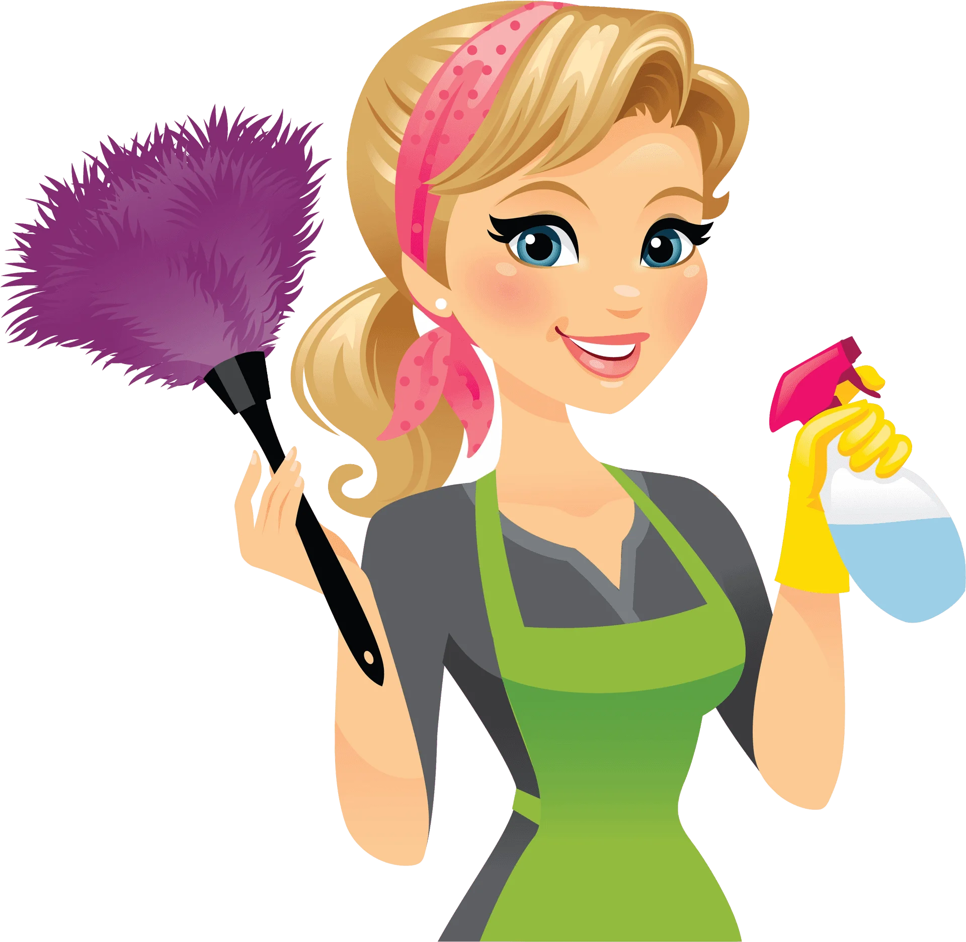 Professional Cleaning Lady Cartoon Clipart with Feather Duster and Spray