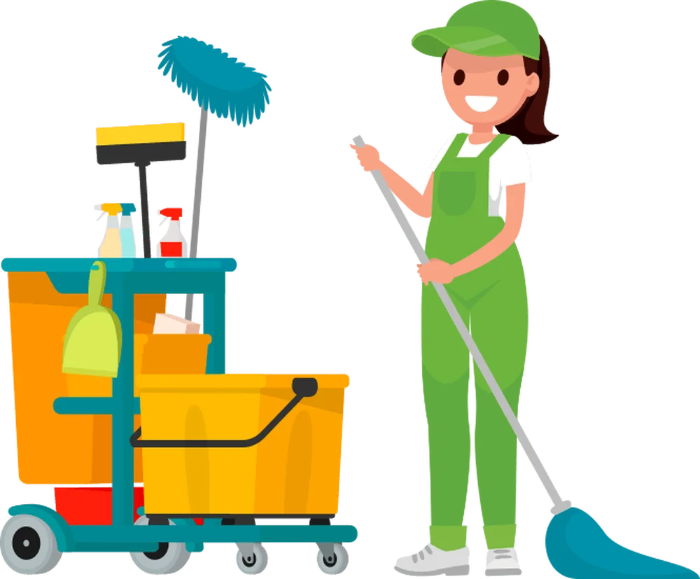 Professional Cleaning Staff Clipart with Janitorial Equipment and Uniform