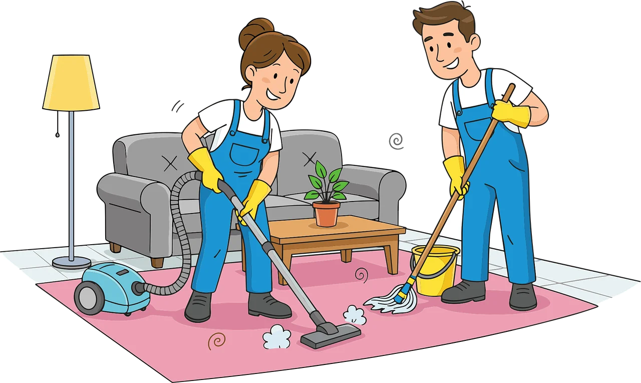 Professional Home Cleaning Teamwork Cartoon Clipart Illustration