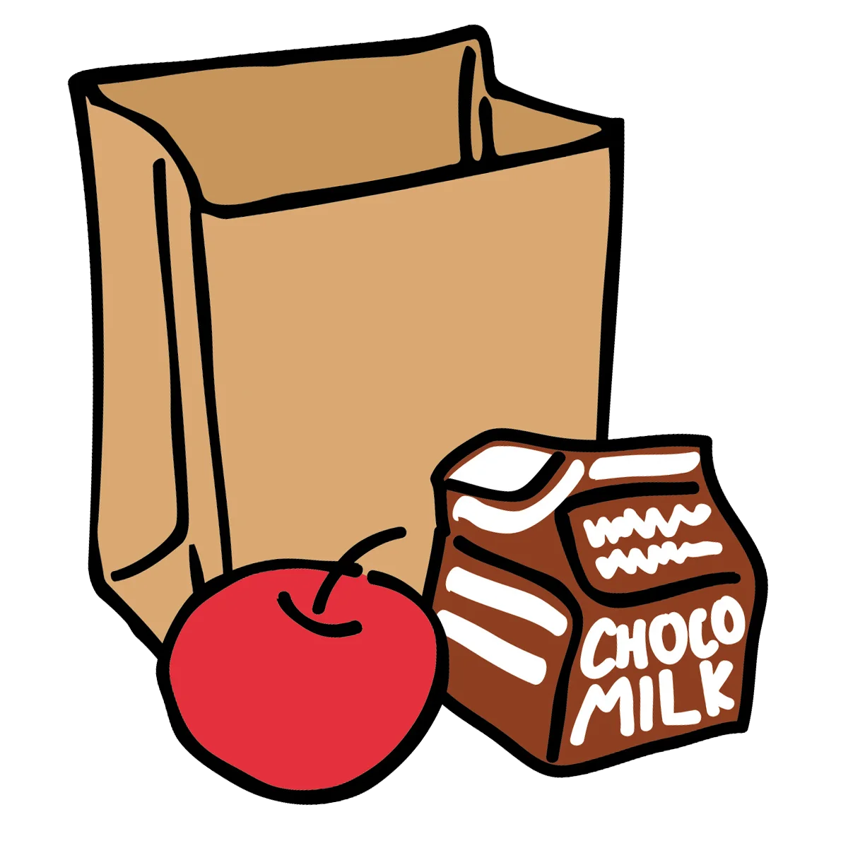 School Lunch Essentials Clipart: Delightful Breakfast Pack with Brown Bag, Apple, and Chocolate Milk