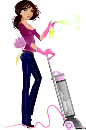 Stylish Home Cleaning Lady with Vacuum Cleaner and Spray Bottle Clipart Illustration