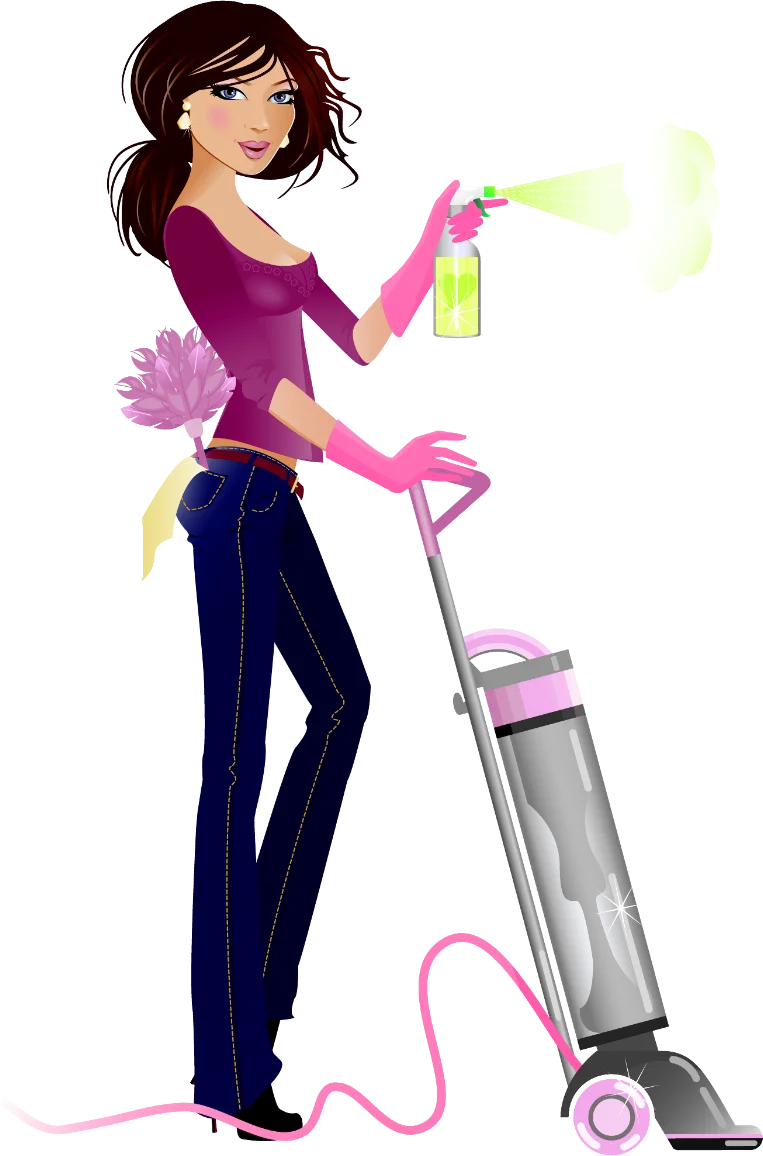 Stylish Home Cleaning Lady with Vacuum Cleaner and Spray Bottle Clipart Illustration