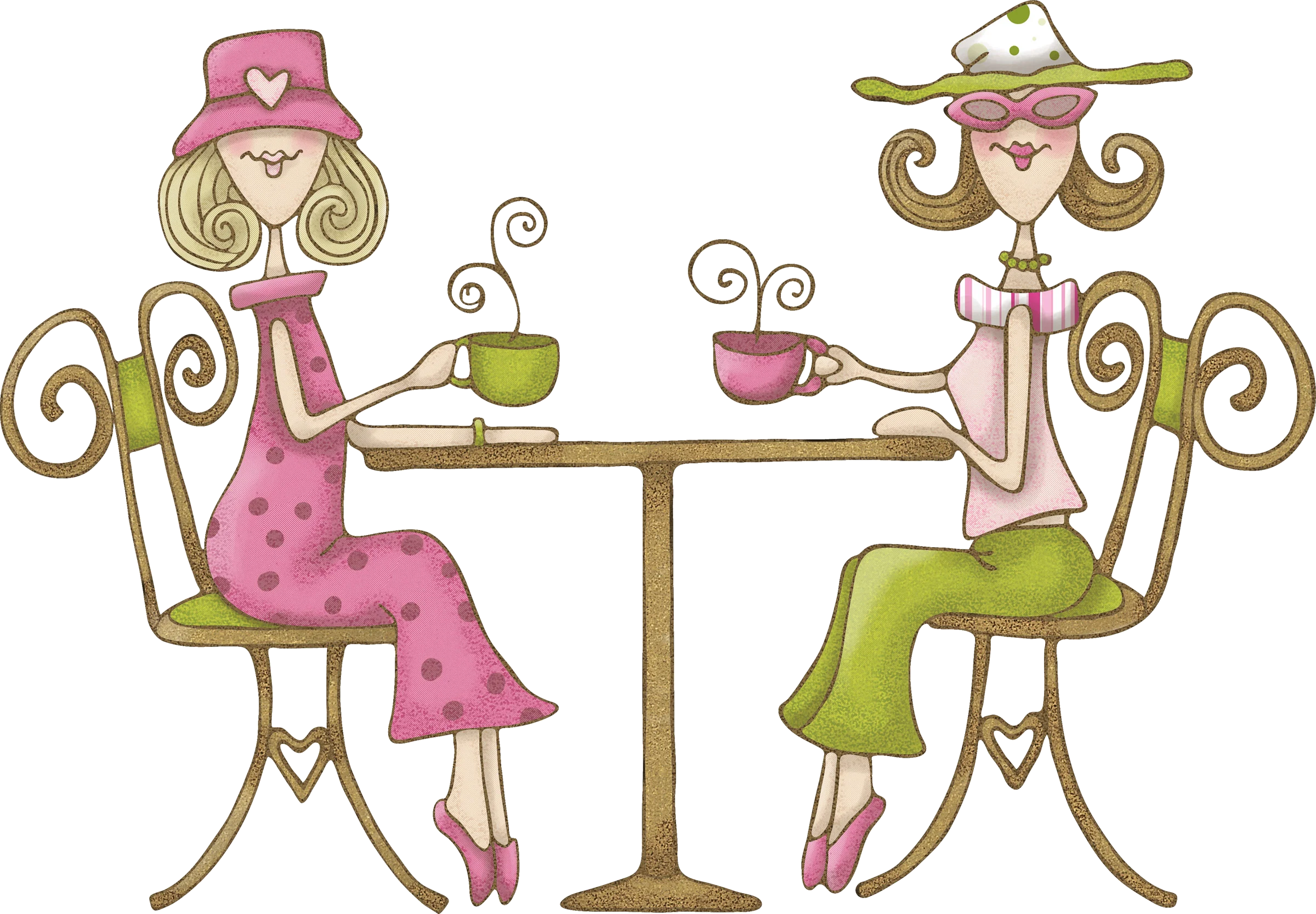 Two Friends Enjoying Coffee Time - Whimsical Friendship Clipart Illustration