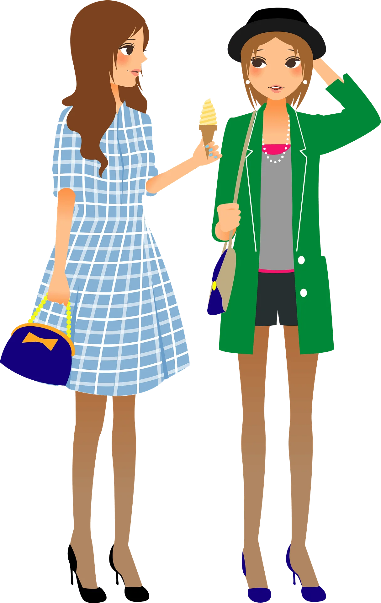 Two Stylish Young Women Friends Enjoying Summer Casual Fashion Clipart Illustration