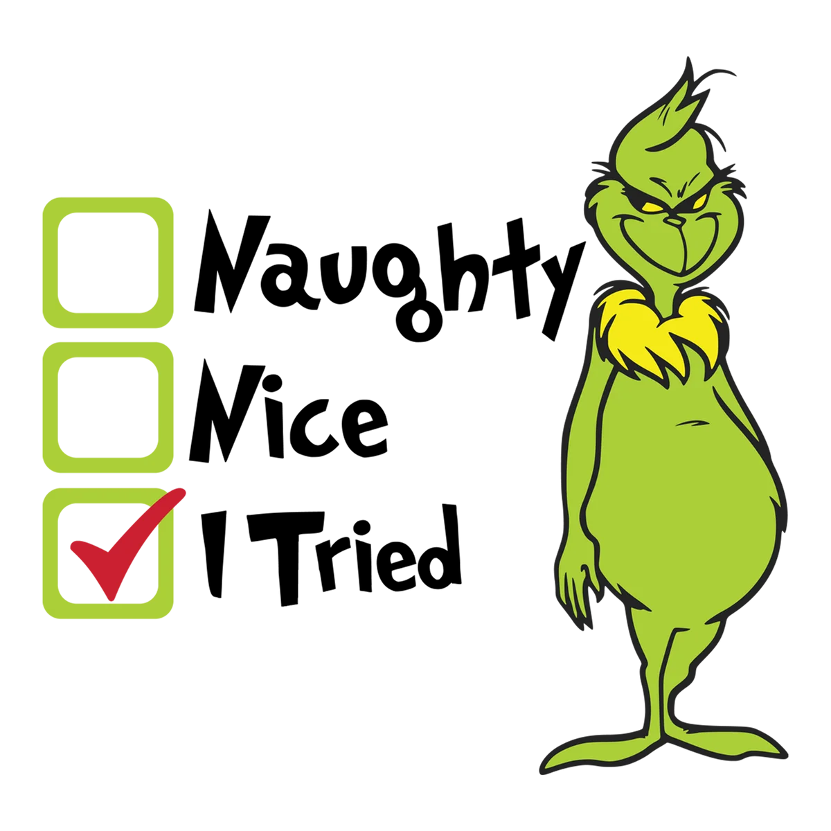 Hilarious Grinch Christmas Character Naughty or Nice Checklist Clipart Design