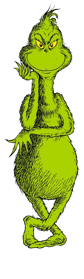 The Grinch Clipart: Mischievous Green Character with Sly Expression and Furry Texture
