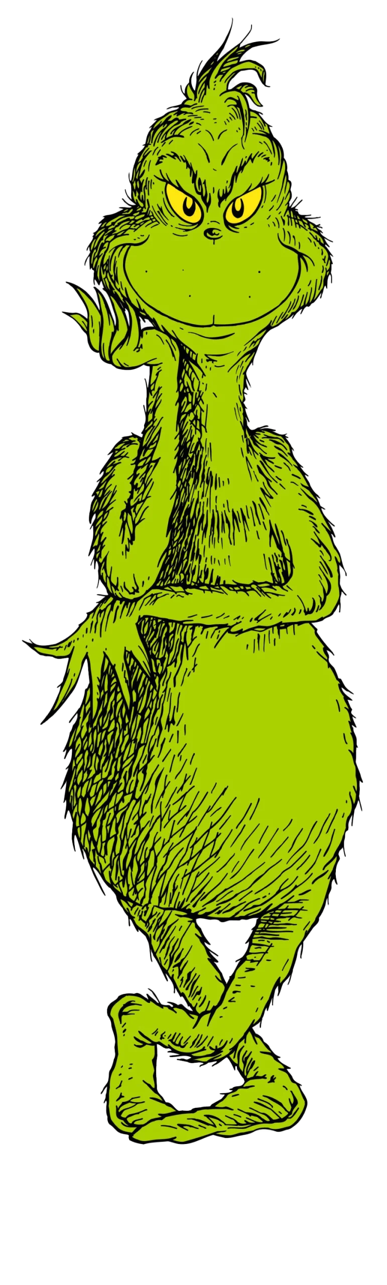 The Grinch Clipart: Mischievous Green Character with Sly Expression and Furry Texture