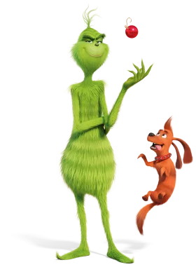 Whimsical Christmas Grinch and Playful Dog Catching Red Ornament Clipart